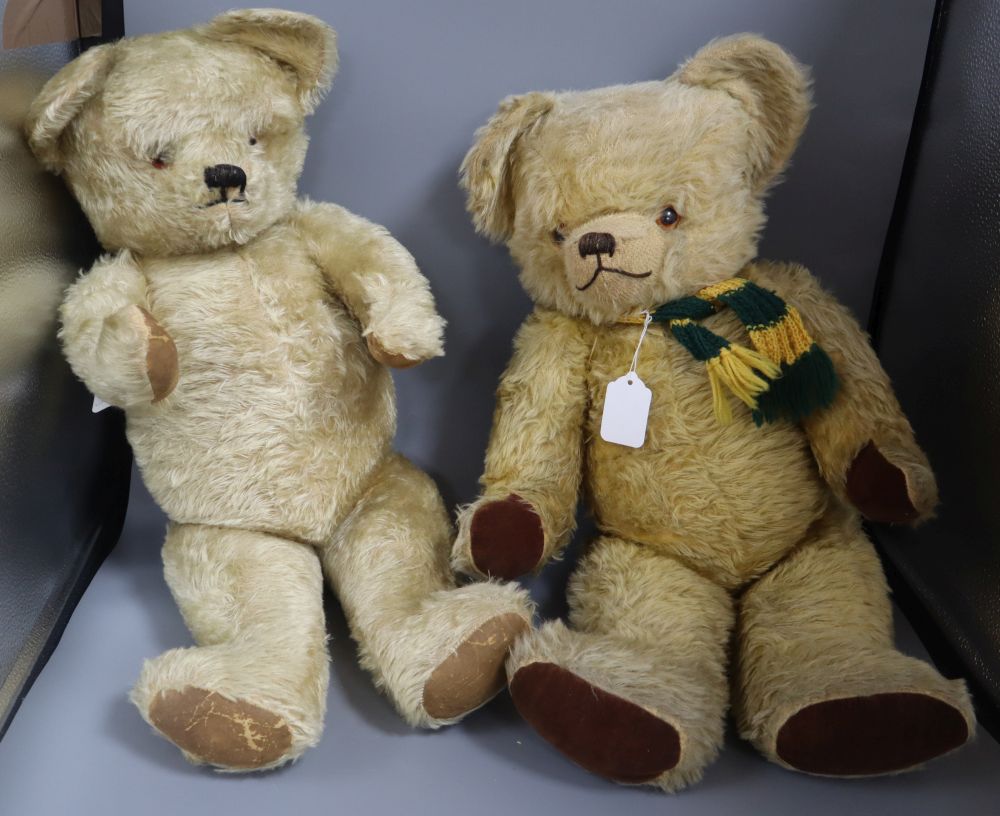 A pale blond Deans 1950s English teddy, 26in., rexine paws, good condition and a 1950s English bear, Deans Ragbook Childsplay label,